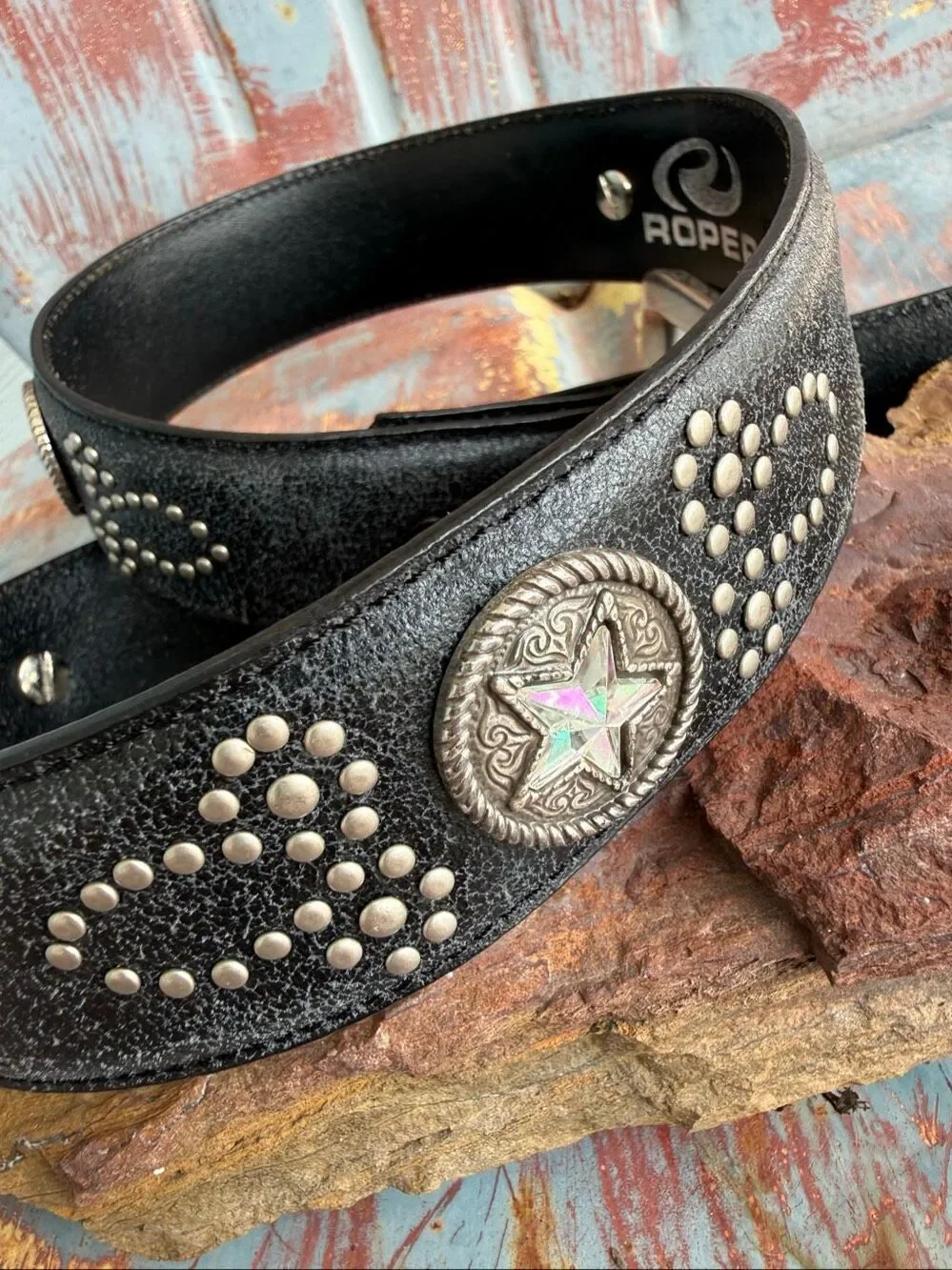 Vintage Roper Black Leather Western Belt Studded Gold Star Concho Size 30/32